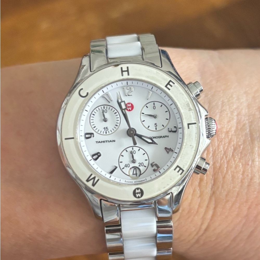 Authentic Michele Tahitian White Ceramic and stainless Chronograph Timepiece